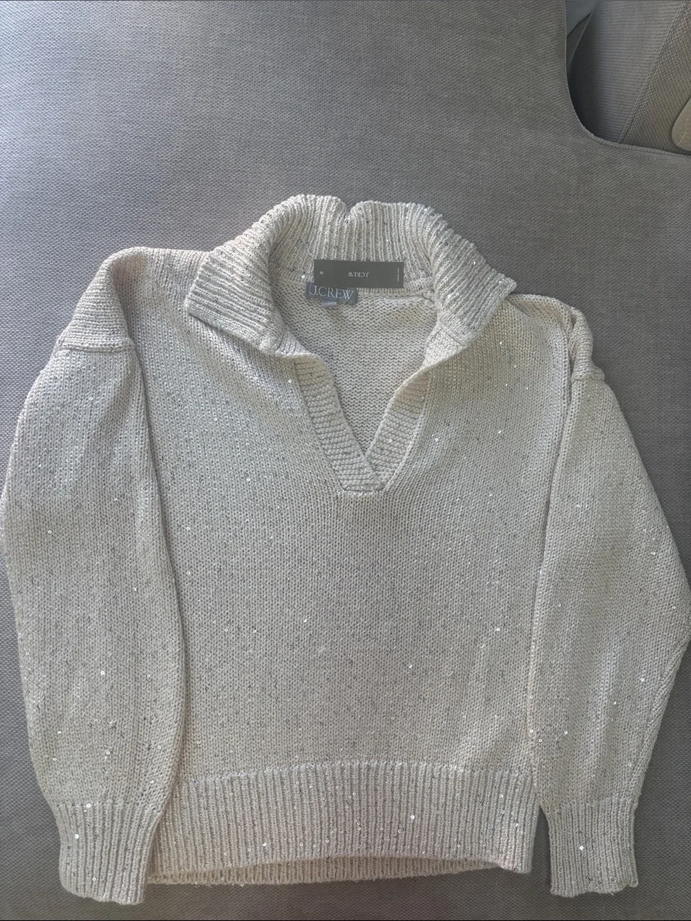 J. Crew Cream Sequin V-Neck Collared Sweater